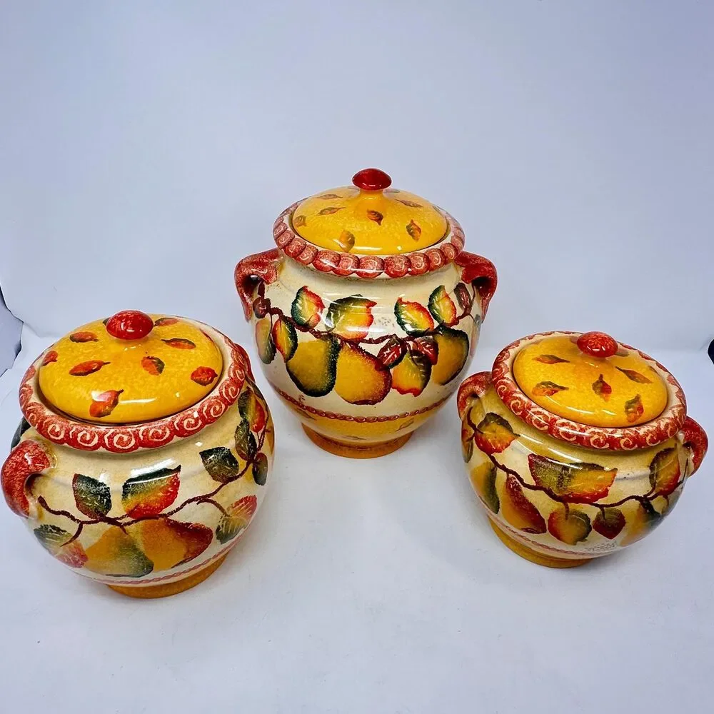 Vintage Williams Sonoma Italian Ceramic Kitchen Canisters Tuscan Pear Set of 3